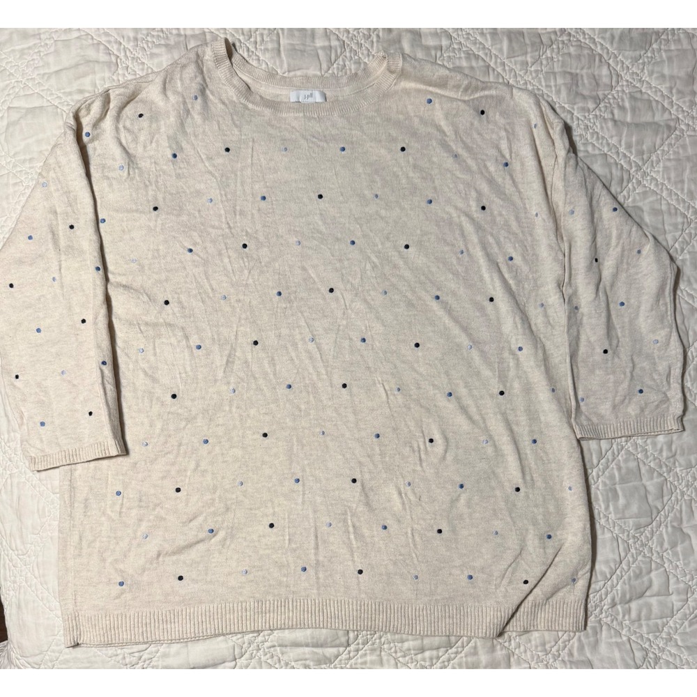 J. Jill Polka Dot Knit Sweater Womens medium Beige Blue Cotton Blend pullover